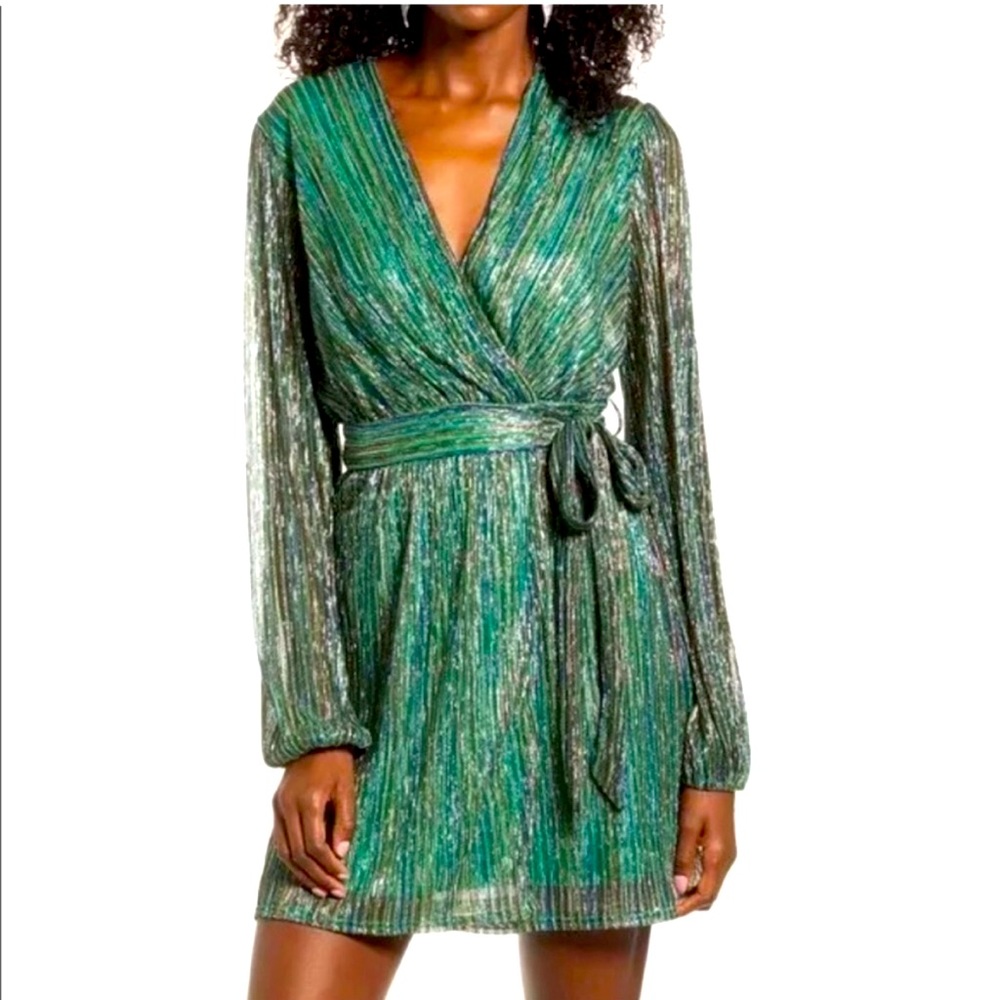 NWT 4SI3NNA Sienna Green Multicolor Metallic Wrap Party Dress, Size Sml